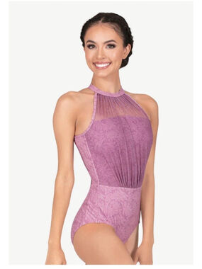 Baltogs Mauve Fern Shirred Mesh Halter Leotard Women's Sz M NEW